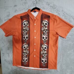 Hardaddy Halloween Camp Shirt L Orange Skulls Striped Bowling Hawaiian New